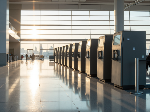 Large modern airport terminal building with steel frame structure, expansive glass facade, clear blue sky background