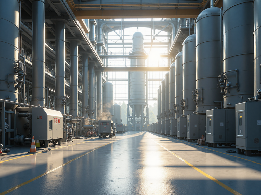Modern steel manufacturing facility exterior view with large industrial buildings and cranes, bright daylight conditions