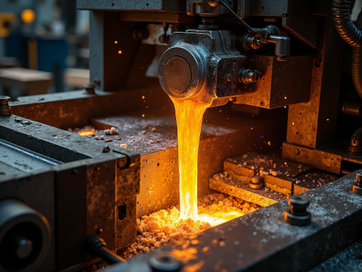 Steel manufacturing workshop with workers operating heavy machinery, metal components being processed, industrial setting